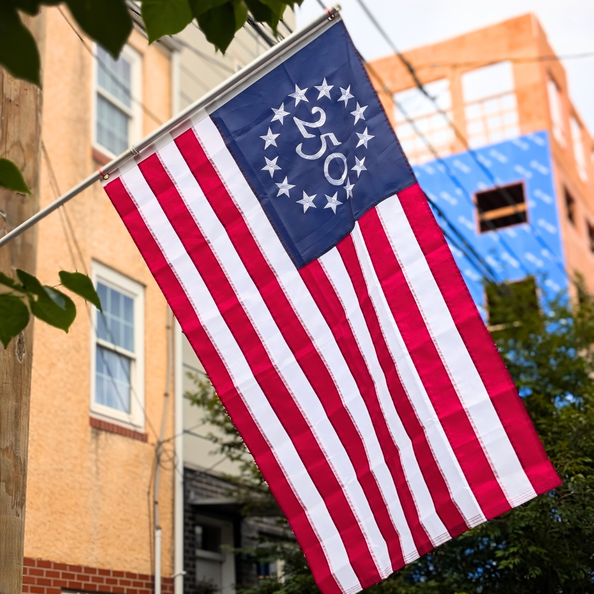 Philadelphia 250th flag hanging in East Kensington