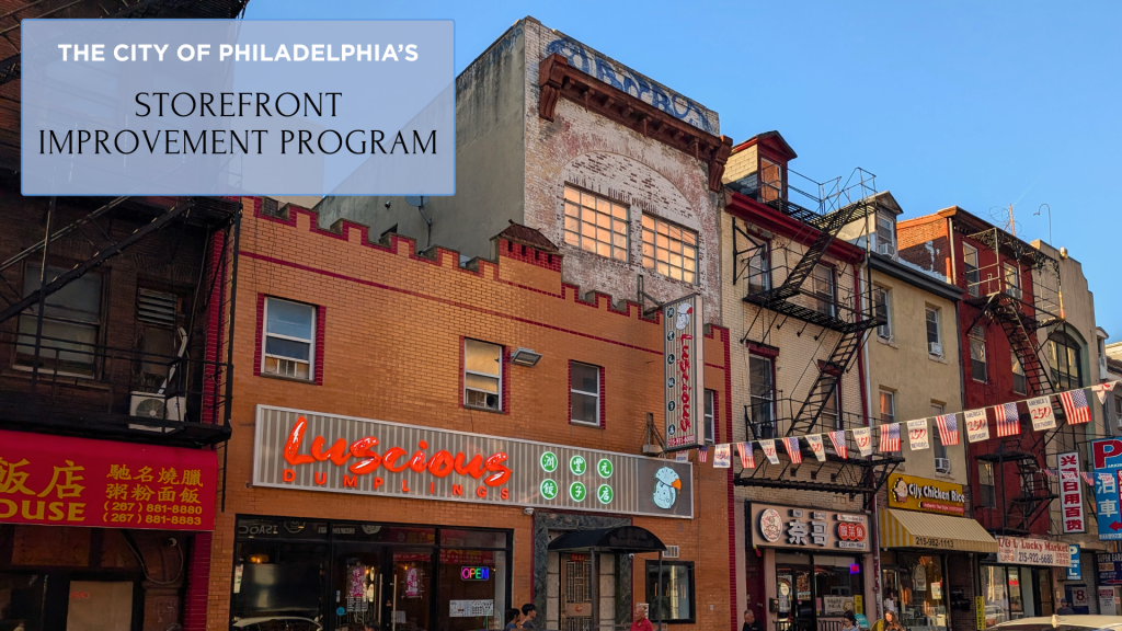 Commercial storefronts along a neighborhood business corridor in Philadelphia's Chinatown.